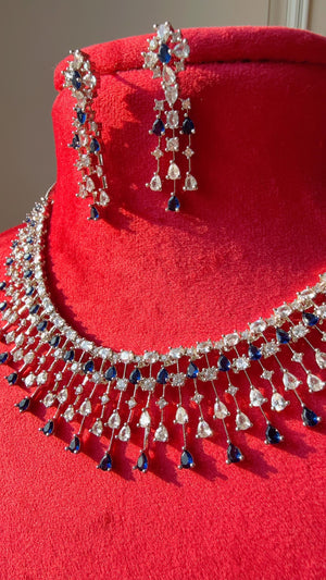 Rain Diamond Necklace blue sapphire Rhodium plating /Indian jewelry/ CZ Choker/Bridal choker/Diamond choker/ Indian Necklace
