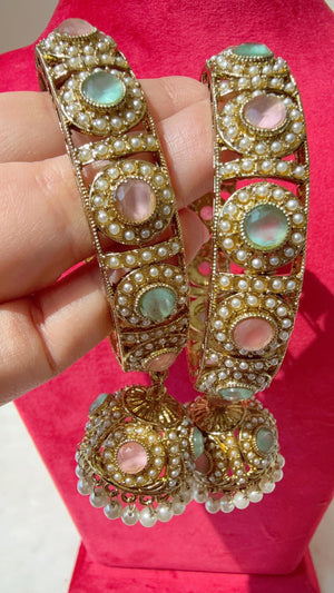Antique polki kundan Mint baby pink jhumka kada pair / kada Bangle set/ Wedding Bangles/Mix n Match bangles/Indian jewelry