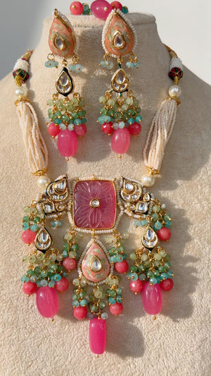 Uncut Polki Diamond Choker Moissanite Polki Necklace Sabyasachi inspired Jewelry Set/Polki Kundan Mint pink Necklace with earrings Tikka