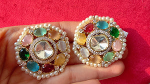 Multi Uncut Kundan Stud Diamond Earrings /Indian Studs/Indian Jewelry/Navratan Studs/Statement Stud Earring/Kundan Stud Earrings