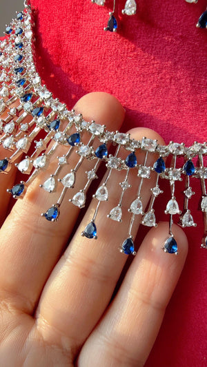 Rain Diamond Necklace blue sapphire Rhodium plating /Indian jewelry/ CZ Choker/Bridal choker/Diamond choker/ Indian Necklace
