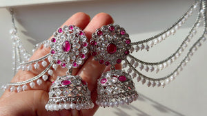 Silver polki Kundan bahubali Ruby silver Earrings Set With detachable Earchain Sahare /Ruby Jhumka Polki Earrings / Indian Jewelry