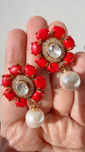 Coral precious Stone stud Earrings/Moissanite diamond Kundan Studs /Indian Jewelry /Statement Stud Earring/