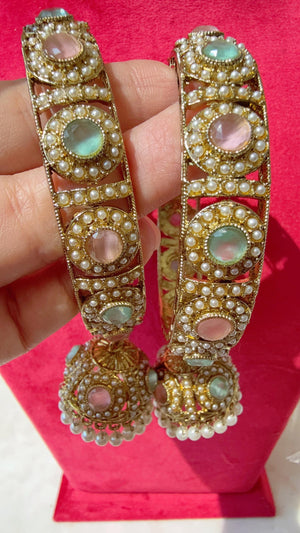 Antique polki kundan Mint baby pink jhumka kada pair / kada Bangle set/ Wedding Bangles/Mix n Match bangles/Indian jewelry