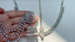 Mint pink polki kundan necklace n Tikka set /silver polki Kundan bahubali t Earrings Set With detachable Ear chain Sahare
