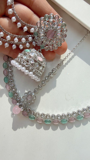 Mint pink polki kundan necklace n Tikka set /silver polki Kundan bahubali t Earrings Set With detachable Ear chain Sahare