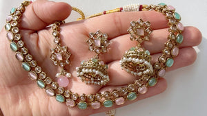 Antique Polki Kundan Mint pink necklace with earrings and Tikka /Wedding necklace/Bridal necklace/Indian necklace/Indian jewelry/