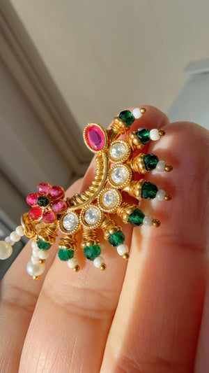 Marathi nose ring/Gold Nath/Indian Jewelry /Bridal Nath/No piercing Required/Ruby Green set