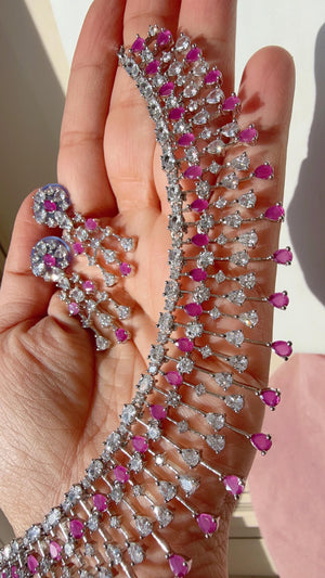 Rain Diamond Necklace silver Ruby Indian jewelry/ CZ Choker/Bridal choker/Ruby Diamond choker/ Silver Ruby diamond diamond choker
