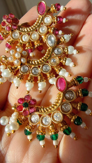 Marathi nose ring/Gold Nath/Indian Jewelry /Bridal Nath/No piercing Required/Ruby Green set