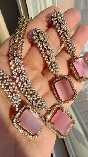 Antique Gold Baby pink diamond Necklace /Indian jewelry/ CZ Choker/Bridal choker/ Indian Necklace/Antique jewelry