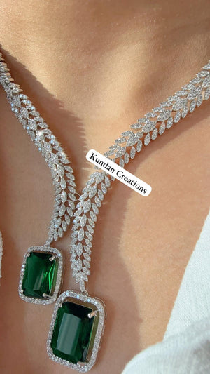 Silver Diamond emerald Necklace /Indian jewelry/ CZ 2 tone diamond Choker/Bridal choker/Diamond Jewelry / Indian Necklace/diamond necklace