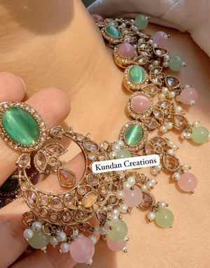 Antique Mint Pink kundan Polki Kundan necklace Set Chandbali and Tikka /bridal necklace/Indian wedding jewelry/Bridal necklace set/