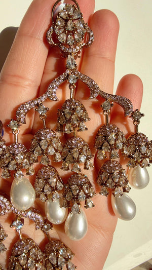 Faith Antique look Diamond Pearl Chandelier / Diamond Baby pink Chandbali Chandelier Earrings/Luxury Bridal Jewelry/Indian jhumka