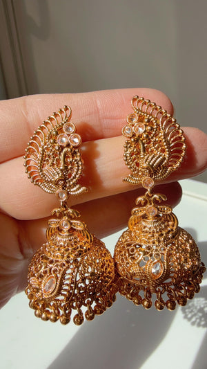 Gold plate Peacock gold Jhumka /Earrings Temple Jewelry /Wedding special Gold Jhumkas /Indian wedding/Kundan Jhumka