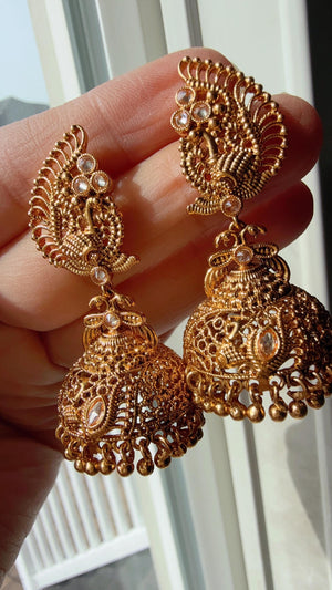 Gold plate Peacock gold Jhumka /Earrings Temple Jewelry /Wedding special Gold Jhumkas /Indian wedding/Kundan Jhumka