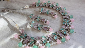 Neha silver Polki Kundan Mint pink necklace/Wedding necklace/Bridal necklace/Indian necklace/Indian jewelry/