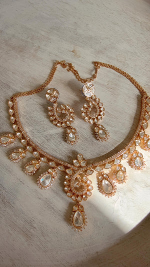 Zoya Navratan Moissanite gold necklace earrings set/Polki Kundan diamond Necklace / Indian Bridal Jewelry/Indian Wedding jewelry