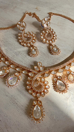Zoya Navratan Moissanite gold necklace earrings set/Polki Kundan diamond Necklace / Indian Bridal Jewelry/Indian Wedding jewelry