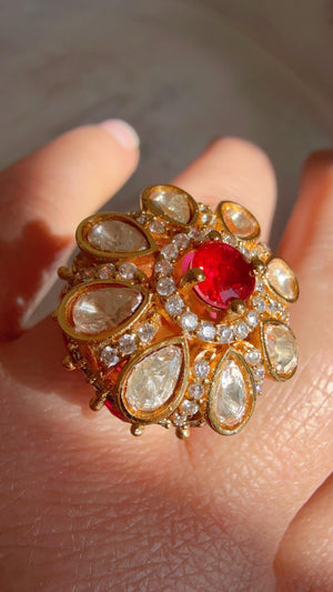 Ruby Cocktail ring/Bridal Kundan Moissanite diamond Ring/Adjustable Ring/Diamond Kundan Ring /Indian Wedding jewelry/