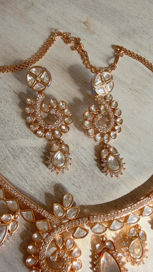 Zoya Navratan Moissanite gold necklace earrings set/Polki Kundan diamond Necklace / Indian Bridal Jewelry/Indian Wedding jewelry