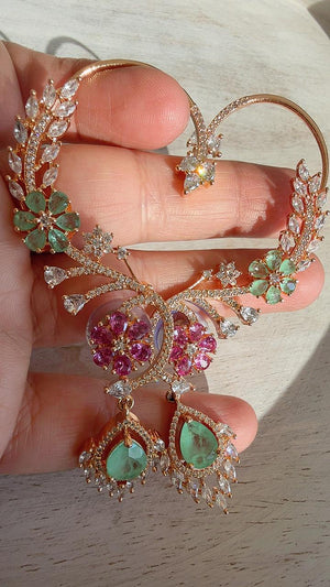 Diamond Earcuff Mint doublet Jhumkas/ear cuff jhumka / Mint Ruby Jhumkas /Indian wedding jewelry