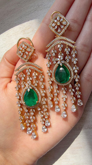 Green doublet diamond Chandelier Earrings/Statement diamond Earrings/Diamond Drop Earrings/Suhag Bridal earrings