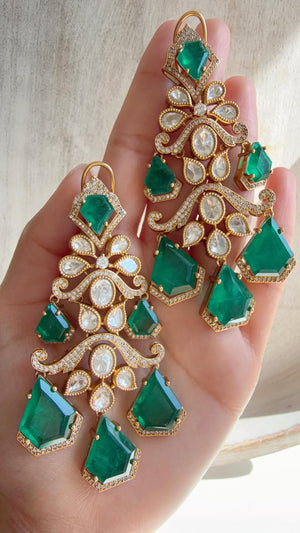 Statement Moissanite Green doublet Earrings/Elegant Long Drop Large Earrings |/kundan Earrings/Sia Bridal Diamond earrings