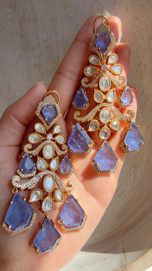 Statement Moissanite Blue doublet Earrings/Elegant Long Drop Large Earrings |/kundan Earrings/Sia Bridal Diamond earrings