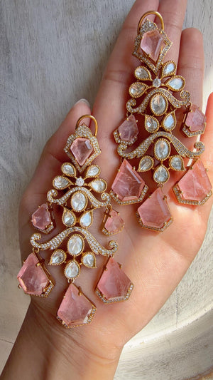 Statement Moissanite Baby Pink doublet Earrings/Elegant Long Drop Large Earrings |/kundan Earrings/Sia Bridal Diamond earrings