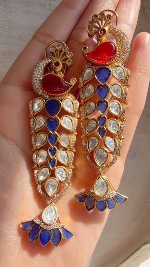 Maya Ruby Blue Peacock danglers/Amrapali inspired Moissanite doublet Earrings/Elegant Statement Jewelry/Bridal jhumka