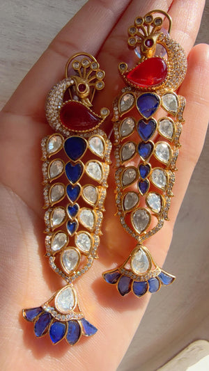 Maya Ruby Blue Peacock danglers/Amrapali inspired Moissanite doublet Earrings/Elegant Statement Jewelry/Bridal jhumka