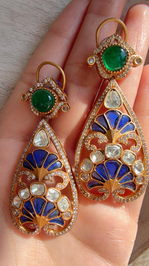 Aria Emerald Green Blue Mother of Pearl danglers/Amrapali inspired Moissanite doublet Earrings/Elegant Statement Jewelry/Bridal jhumka