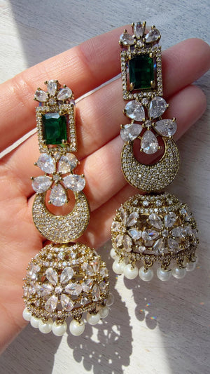 Anaya Mehendi Chaand diamond jhumka Earrings next to real/ Indian Jewelry Indian Earrings/American Diamond jhumka/CZ Earrings/
