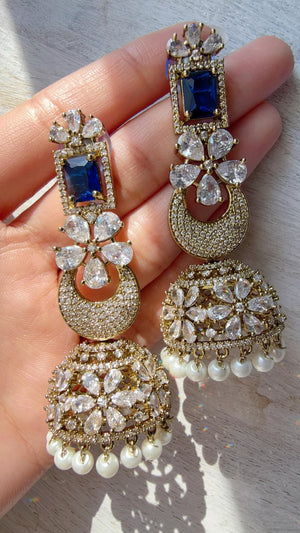 Anaya Mehendi Chaand diamond jhumka Earrings next to real/ Indian Jewelry Indian Earrings/American Diamond jhumka/CZ Earrings/