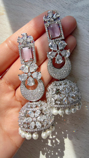 Anaya Rhodium Chaand diamond jhumka Earrings next to real/ Indian Jewelry Indian Earrings/American Diamond jhumka/CZ Earrings/