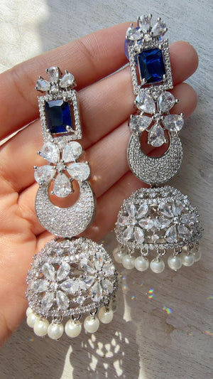 Anaya Rhodium Chaand diamond jhumka Earrings next to real/ Indian Jewelry Indian Earrings/American Diamond jhumka/CZ Earrings/