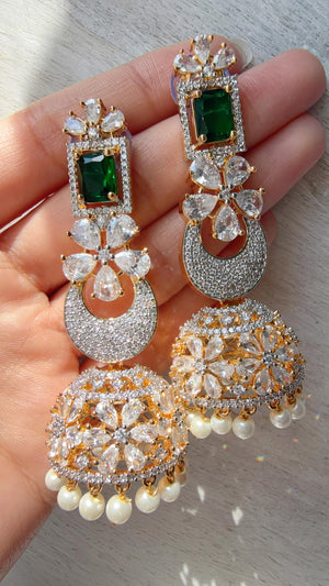 Anaya 2 Tone Chaand diamond jhumka Earrings next to real/ Indian Jewelry Indian Earrings/American Diamond jhumka/CZ Earrings/