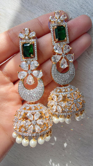 Anaya 2 Tone Chaand diamond jhumka Earrings next to real/ Indian Jewelry Indian Earrings/American Diamond jhumka/CZ Earrings/