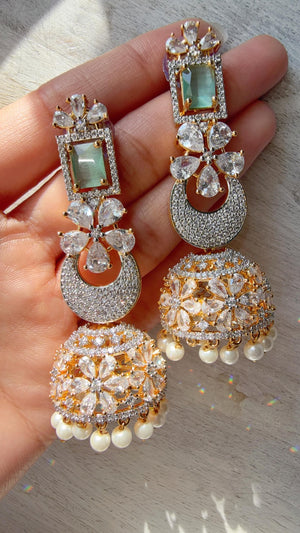 Anaya 2 Tone Chaand diamond jhumka Earrings next to real/ Indian Jewelry Indian Earrings/American Diamond jhumka/CZ Earrings/
