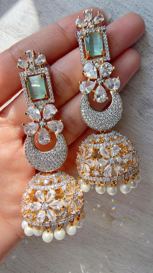 Anaya 2 Tone Chaand diamond jhumka Earrings next to real/ Indian Jewelry Indian Earrings/American Diamond jhumka/CZ Earrings/