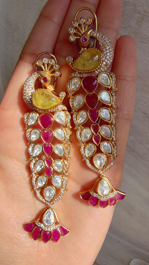 Maya Ruby Yellow Peacock danglers/Amrapali inspired Moissanite doublet Earrings/Elegant Statement Jewelry/Bridal jhumka