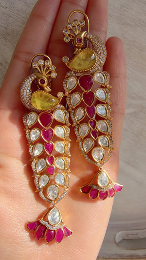 Maya Ruby Yellow Peacock danglers/Amrapali inspired Moissanite doublet Earrings/Elegant Statement Jewelry/Bridal jhumka