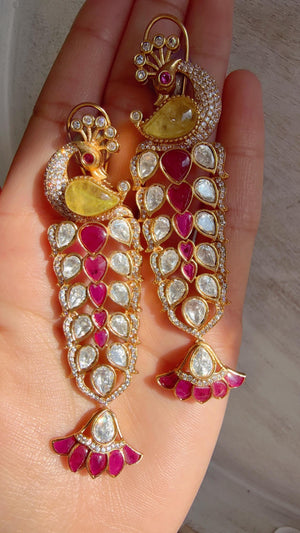 Maya Ruby Yellow Peacock danglers/Amrapali inspired Moissanite doublet Earrings/Elegant Statement Jewelry/Bridal jhumka