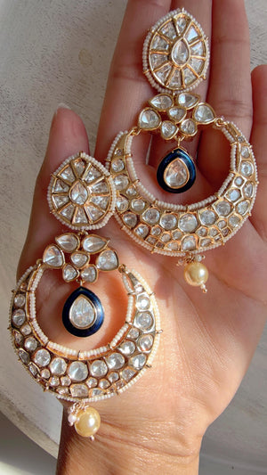 Sabyasachi-Inspired Moissanite kundan Blue chandbali Earrings/ Statement Jewelry/Moissanite jhumka Earrings/Bridal Diamond earrings