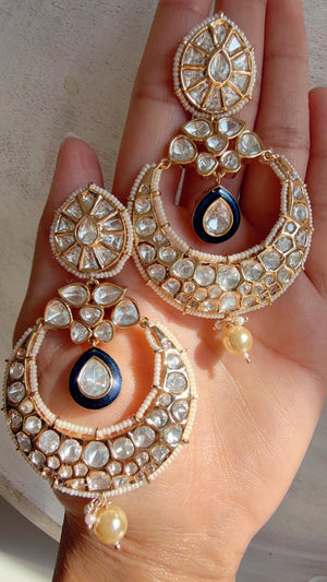 Sabyasachi-Inspired Moissanite kundan Blue chandbali Earrings/ Statement Jewelry/Moissanite jhumka Earrings/Bridal Diamond earrings