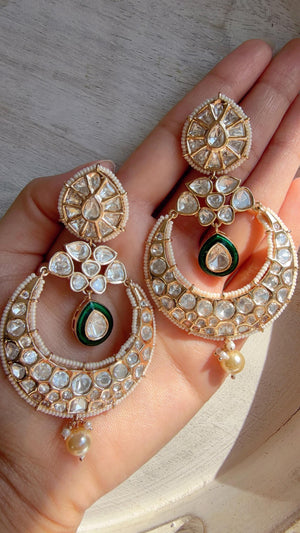 Sabyasachi-Inspired Moissanite kundan Green chandbali Earrings/ Statement Jewelry/Moissanite jhumka Earrings/Bridal Diamond earrings