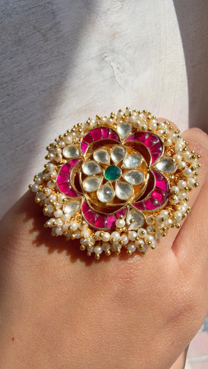 Jadau Pachi Kundan Ruby green finger ring /Bridal Kundan Moissanite diamond Ring/Adjustable Ring/Diamond Ring /Indian Wedding jewelry/