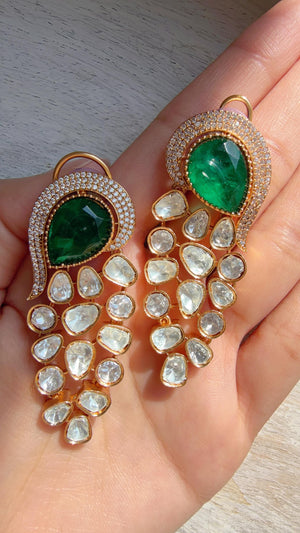 Sabyasachi-Inspired Moissanite kundan danglers Green Earrings/Elegant Statement Jewelry/Moissanite Earrings/Bridal Diamond