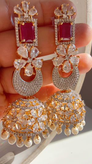 Anaya 2 Tone Chand diamond Ruby jhumka Earrings next to real/Indian Jewelry Indian Earrings/American Diamond jhumka/CZ Earrings